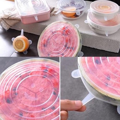 Bộ 6 miếng silicone bọc thực phẩm cao cấp - Nắp đậy màng Silicon bảo quản thức ăn dày dặn độ co giãn tốt