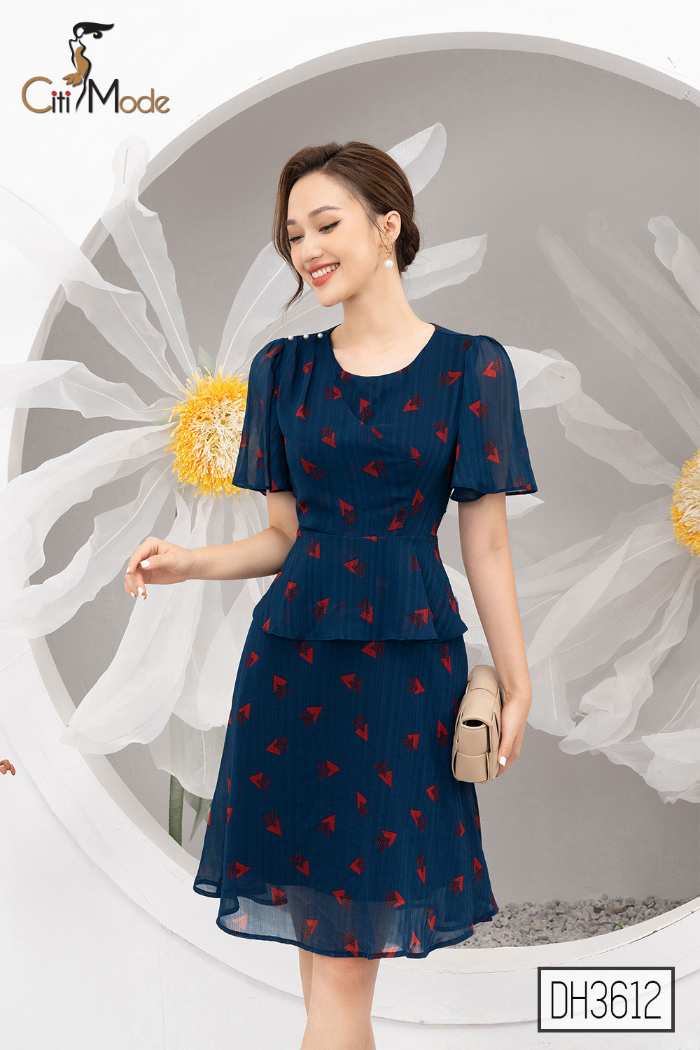 Đầm xòe peplum xanh than phối họa tiết CITI MODE cổ V tay bèo chất Voan cao cấp DH3612