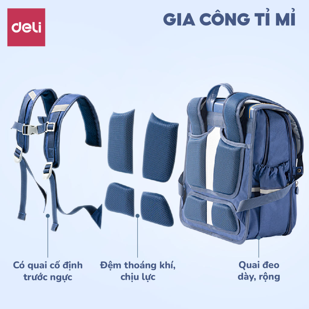 Balo Chống Gù Có Nắp Cho Bé Trai Bé Gái Deli Cặp Sách Học Sinh Vải Oxford Siêu Nhẹ Chống Nước Bụi