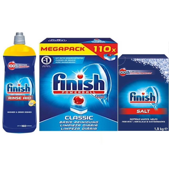 combo viên rửa bát finish 110 viên+nước làm bóng finish 800ml+muối rửa bát finish 1,5kg dùng cho máy rửa bát