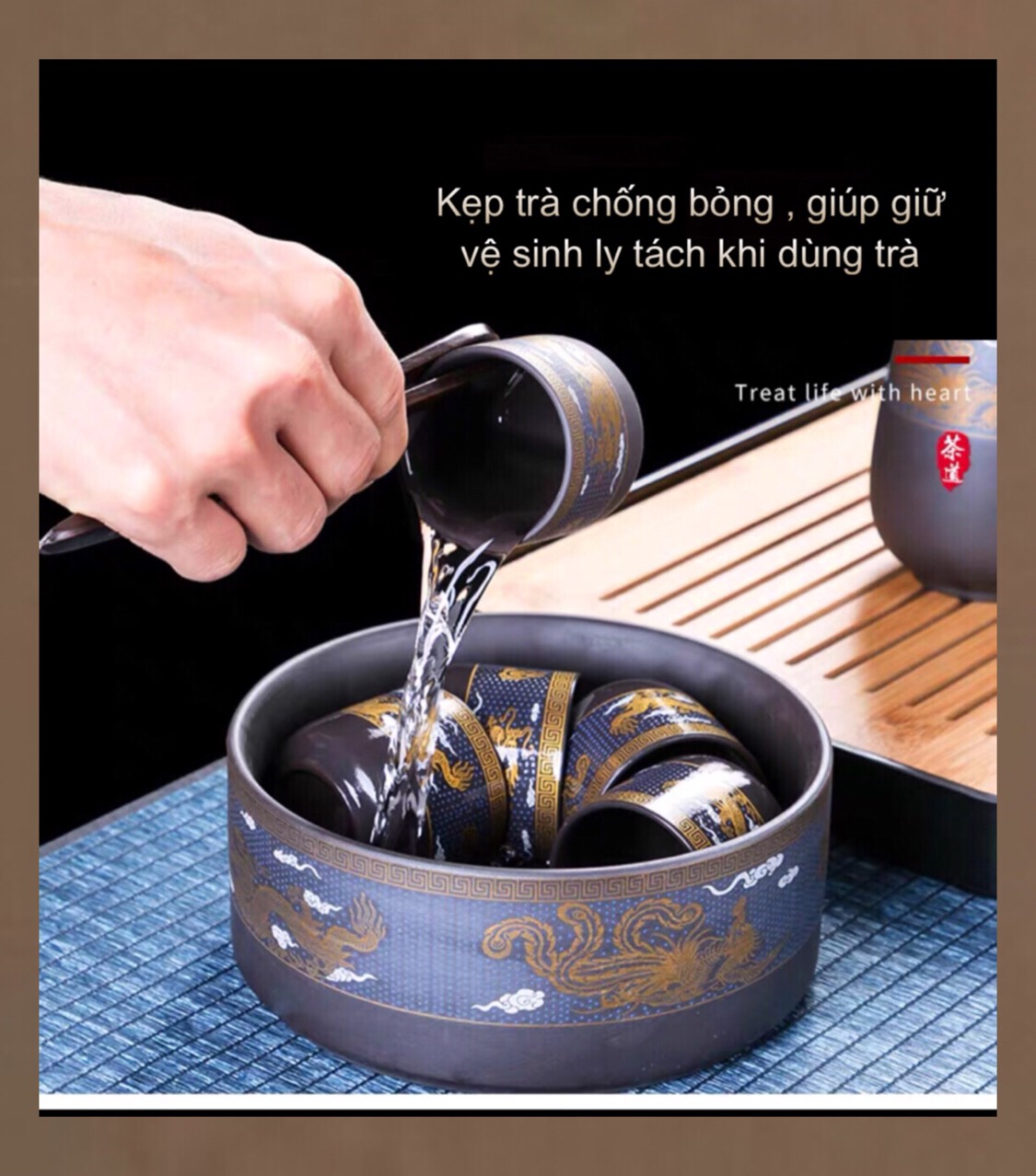 Bộ Ấm Chén Pha Trà Cối Xay Tự Động Rồng Phượng Gốm Sứ ,Cát Tím Độc Đáo ,18,17, 8 ,6 Chi Tiết