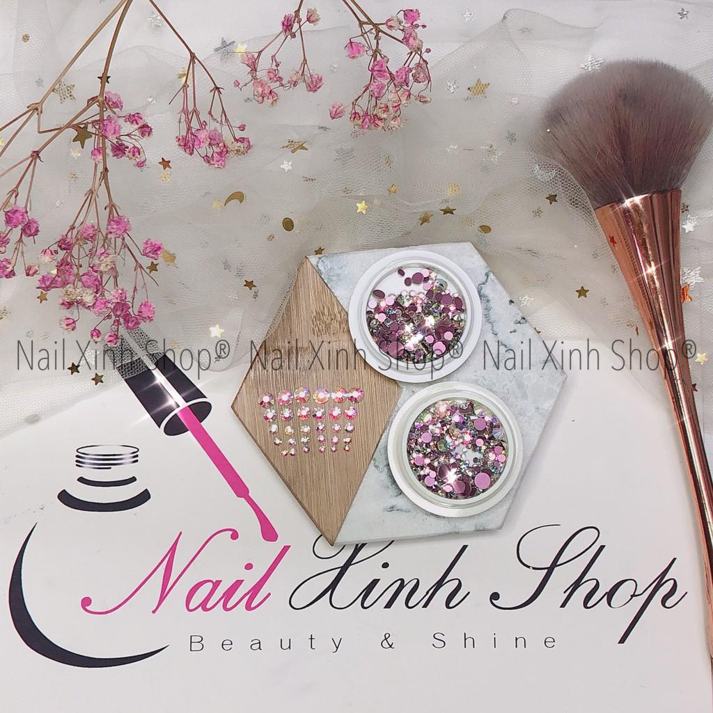 Đá trang trí móng, đá nail hộp tròn, phụ kiện nail, trang trí mong tay cao cấp 2020 (đá cắt 6D, đa giác, sáng -đẹp)