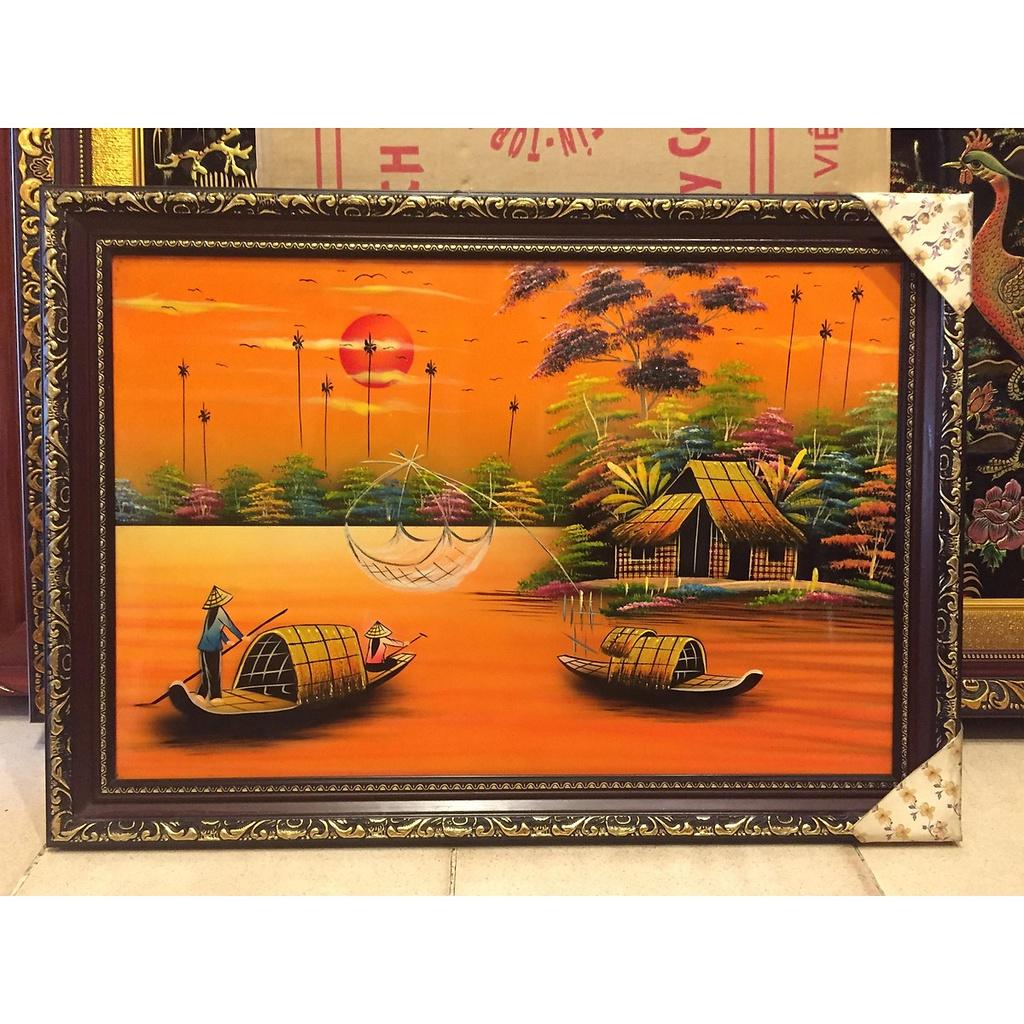 Tranh sơn mài cao cấp Đồng Quê Thanh Bình Lê kèm khung size 48x68 cm treo tường, trang trí nhà cửa, văn phòng, quà tặng