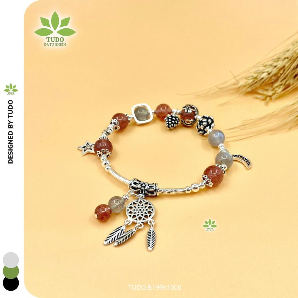 Vòng Tay Nữ Đẹp - Vòng Phong Thủy Đa Mệnh TUDO B199K1000 VCBTADH VCBMOON hồng trắng, Charm bạc Dreamcatcher, Sen, Trăng