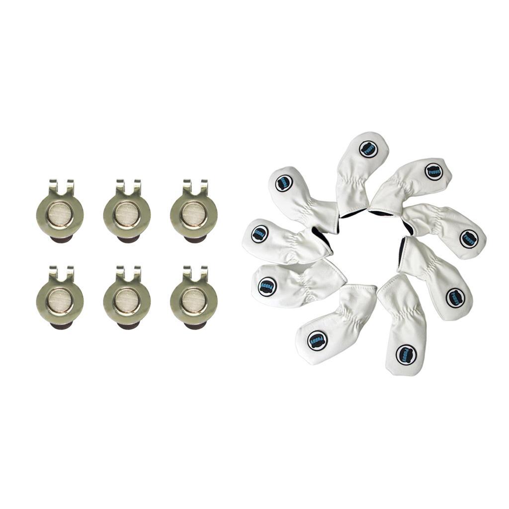 9x Golf Iron Head Covers Soft PU Leather Club Headcover & 6pcs Golf Hat Clip