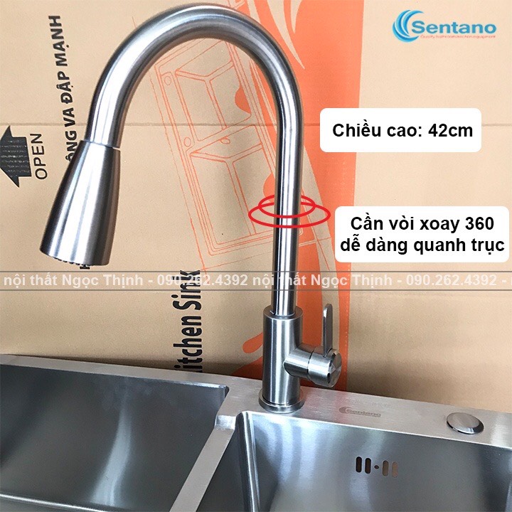 Vòi rửa chén bát Nóng Lạnh Có dây kéo rút tiện lợi chất liệu inox sus304 Xoay 360 độ Tặng kèm cặp dây cấp Nóng lạnh