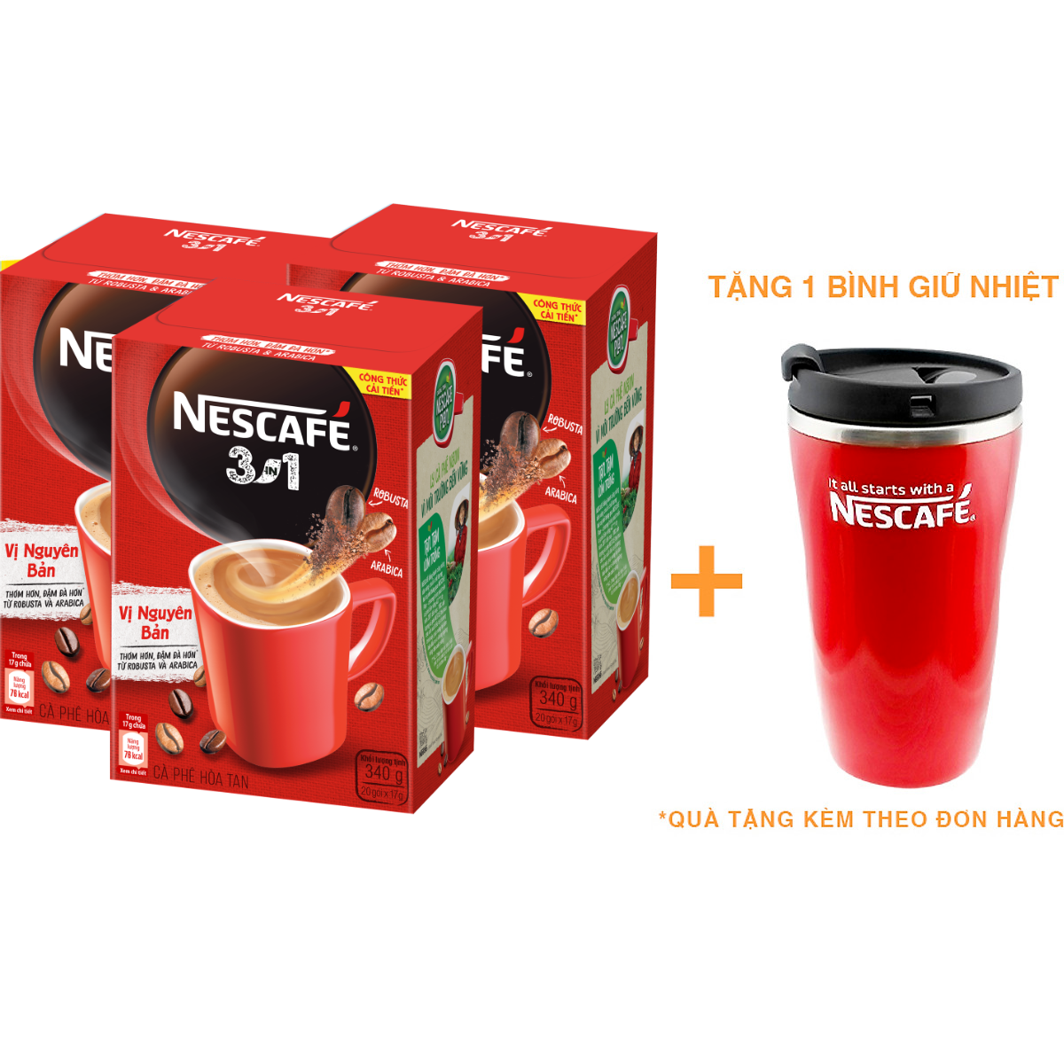 Combo 3 hộp cà phê rang xay hòa tan Nescafé 3in1 Vị Nguyên Bản (Hộp 20 gói x 17g) - [Tặng bình giữ nhiệt]