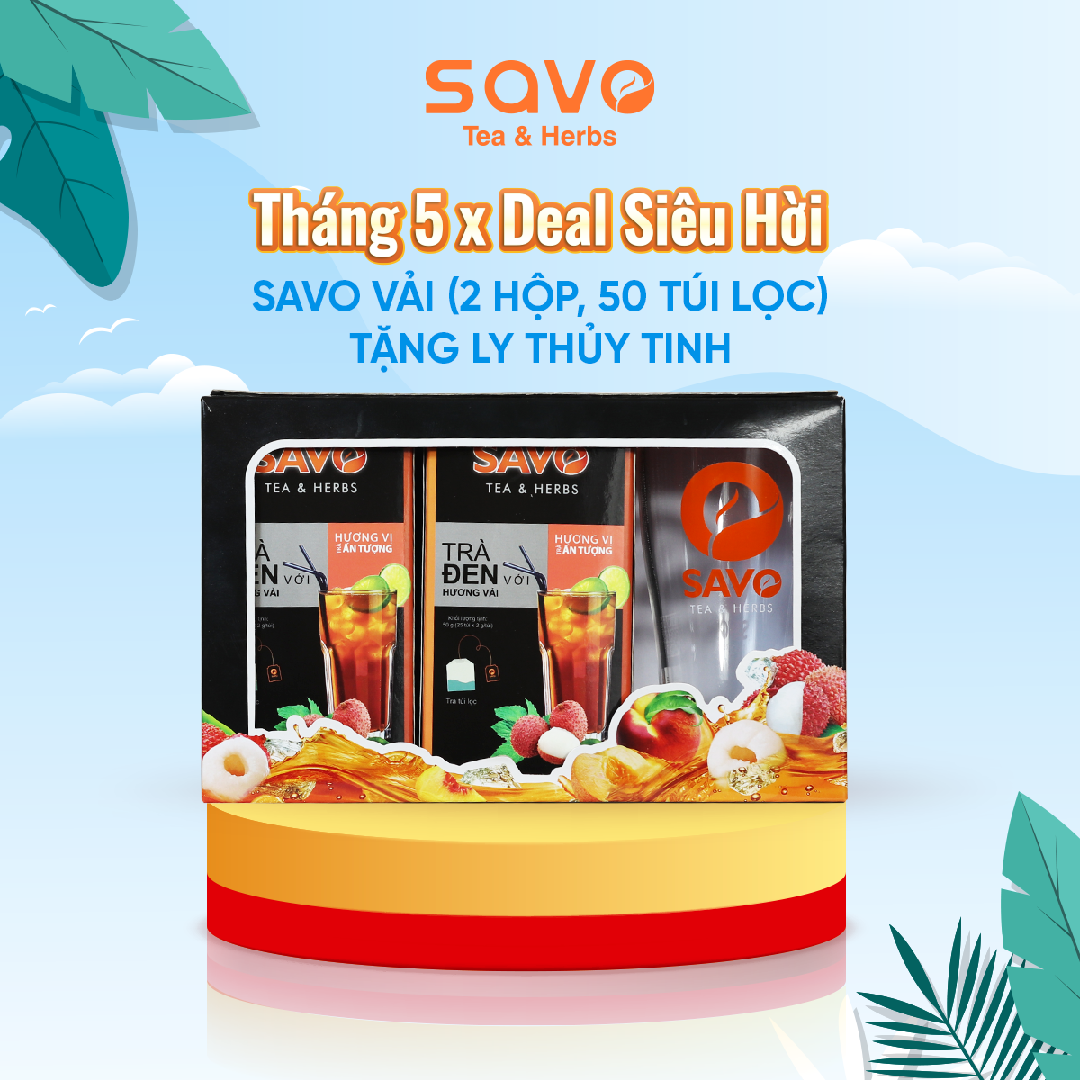 Set quà tặng 2 hộp Trà Đen Hương Vải túi lọc tặng kèm 1 ly thủy tinh chịu nhiệt (2 x 25 túi lọc, ly 390ml)