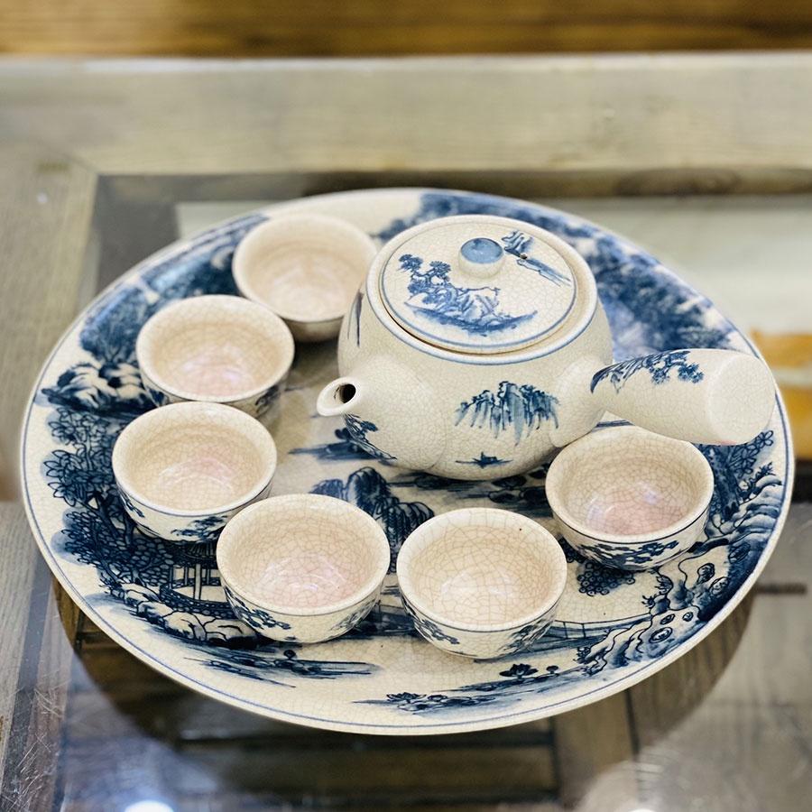 Bộ ấm chén men rạn quai chuôi kèm đĩa trang trí bát tràng