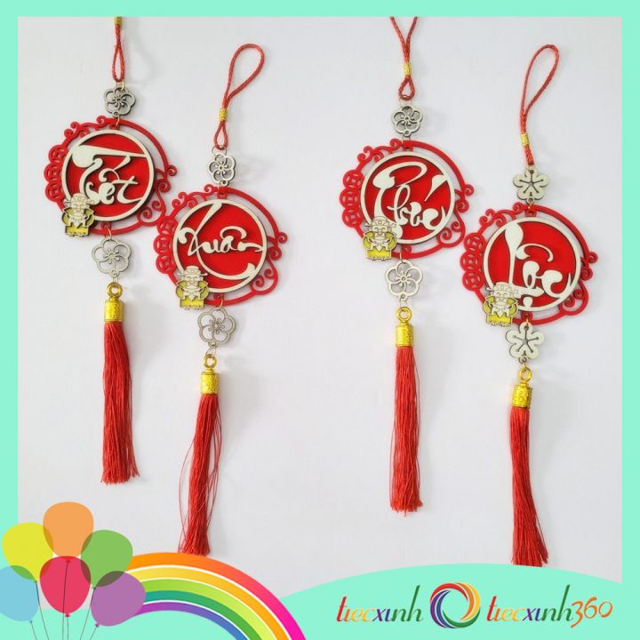 Set 2 phụ kiện treo trang trí Tết bằng gỗ viền nhung