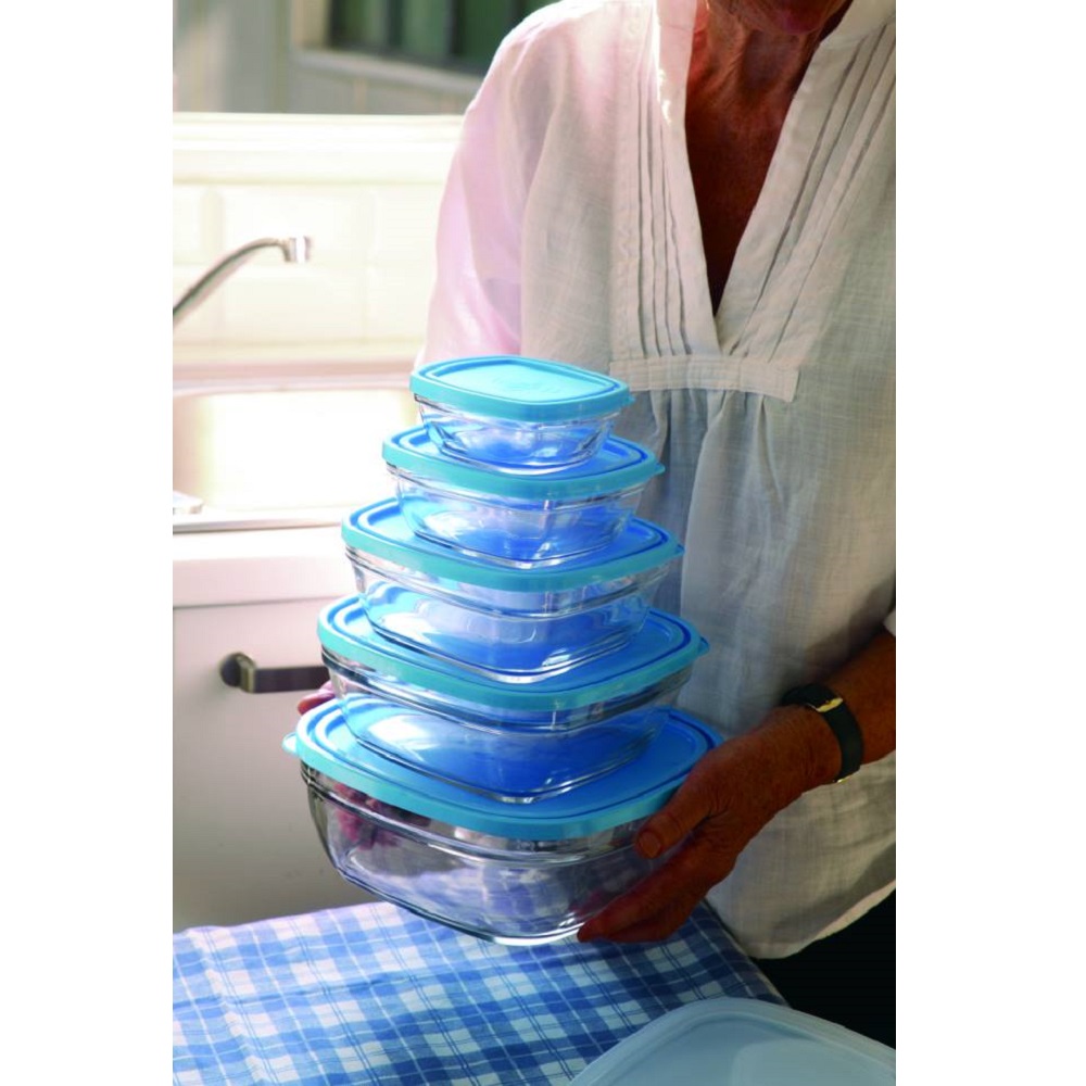 Bộ Hộp thực phẩm D9015A Duralex - Freshbox nắp xanh Blue 5 size Thủy tinh cường lực Pháp