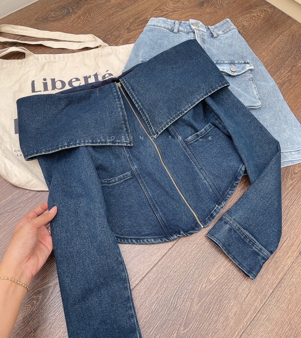 ĐẦM SET ÁO CROPTOP TRỄ VAI TAY DÀI + CHÂN VÁY NGẮN LƯNG CAO TÚI HỘP CHỮ A JEANS ĐI CHƠI NOEL ĐI TIỆC DẠO PHỐ GIÁNG SINH