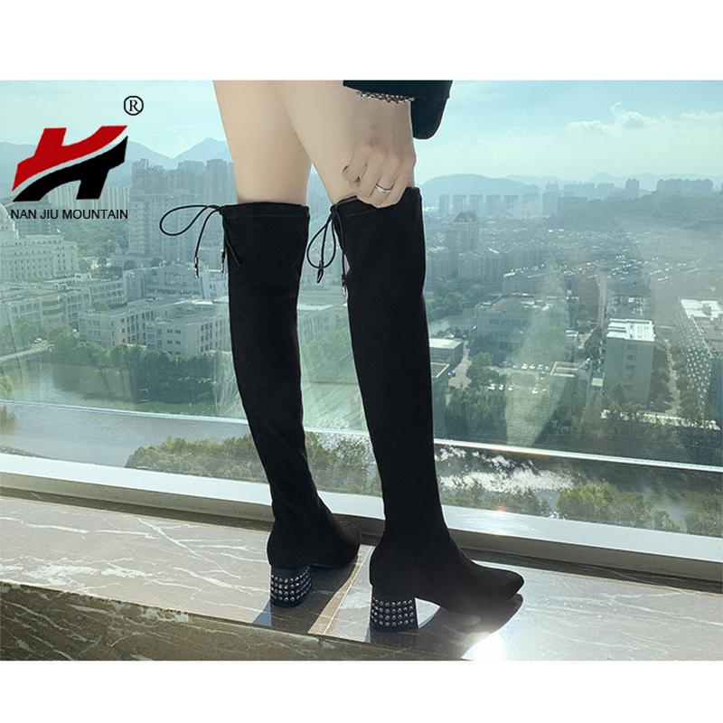 2021 Trên Đầu Gối Giày Giày Bốt Nữ Dày Gót Mũi Nhọn Màu Đen Co Giãn Stovepipe Giày Gợi Cảm Ren Gót Mùa Thu Và Mùa Đông