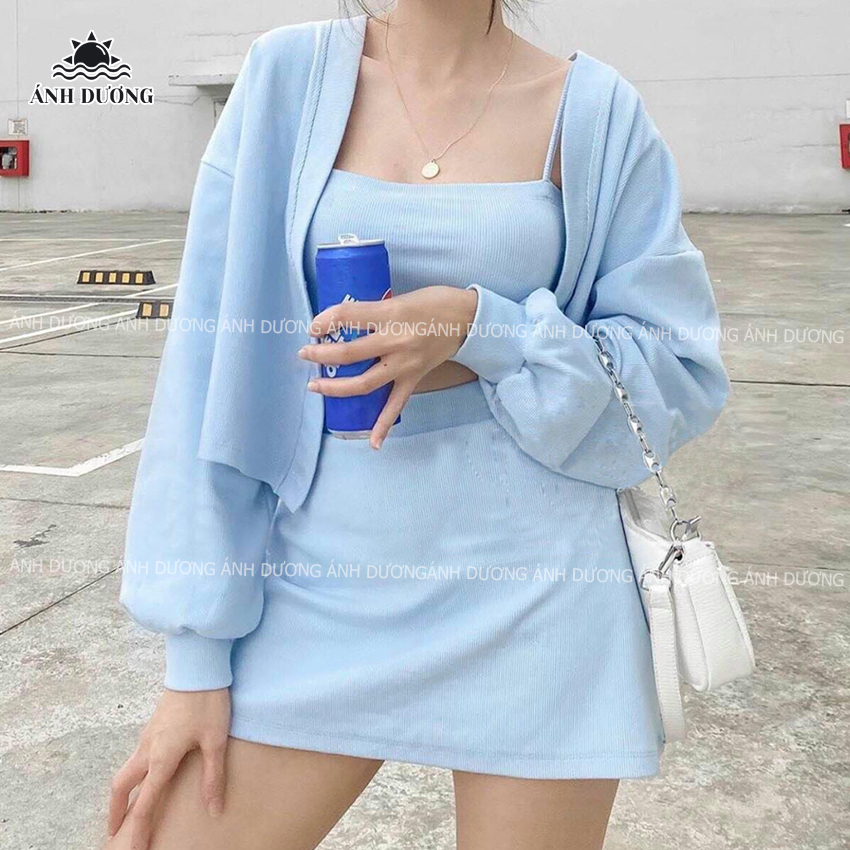 Set 3 món áo 2 dây, chân váy chữ A và áo khoác 3 màu vải umi