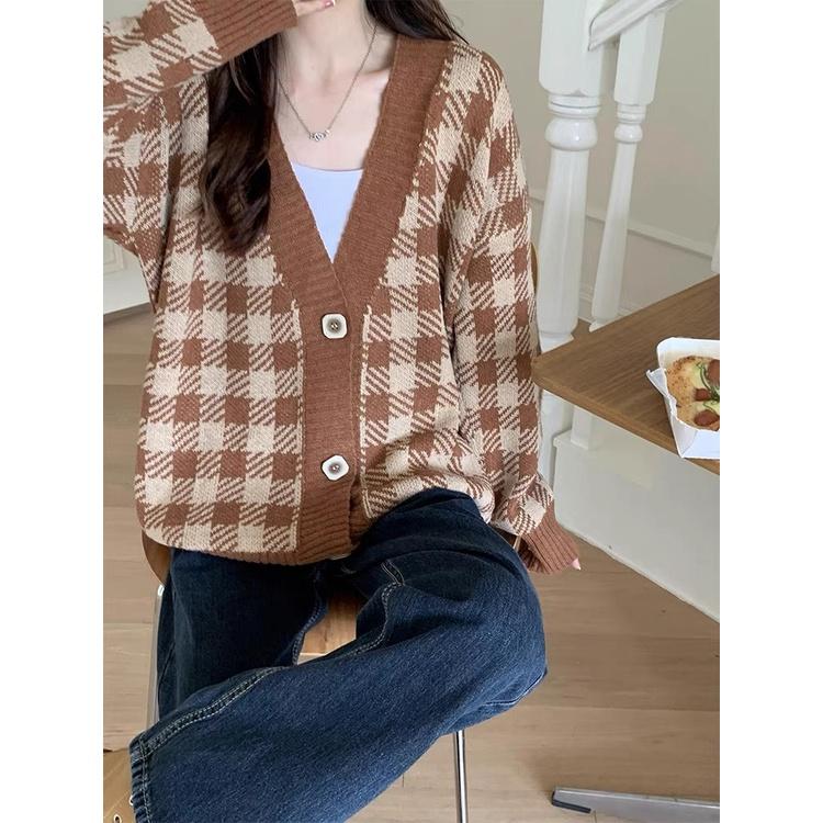 Áo cardigan khoác len nữ tay dài kẻ caro vintage nâu đen form dài rộng chất dày dặn kiểu Hàn Quốc hàng Quảng Châu C-7