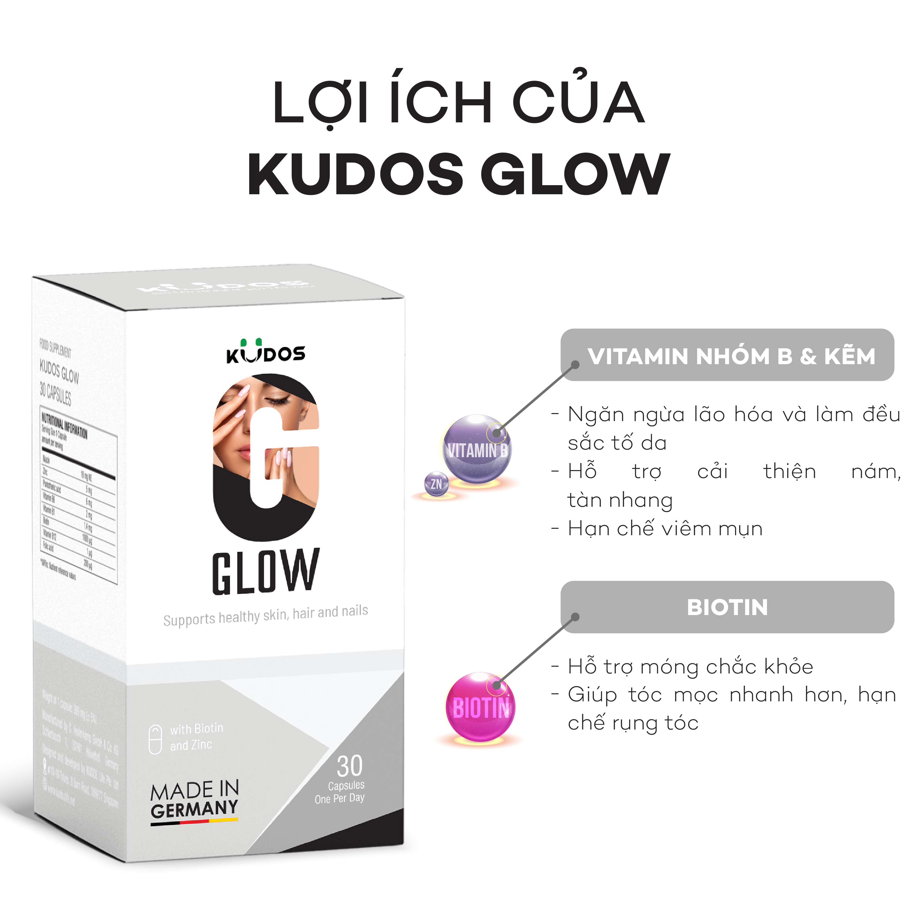 Viên Nang Làm Đẹp Da, Móng, Tóc KUDOS GLOW (Hộp 30 Viên)