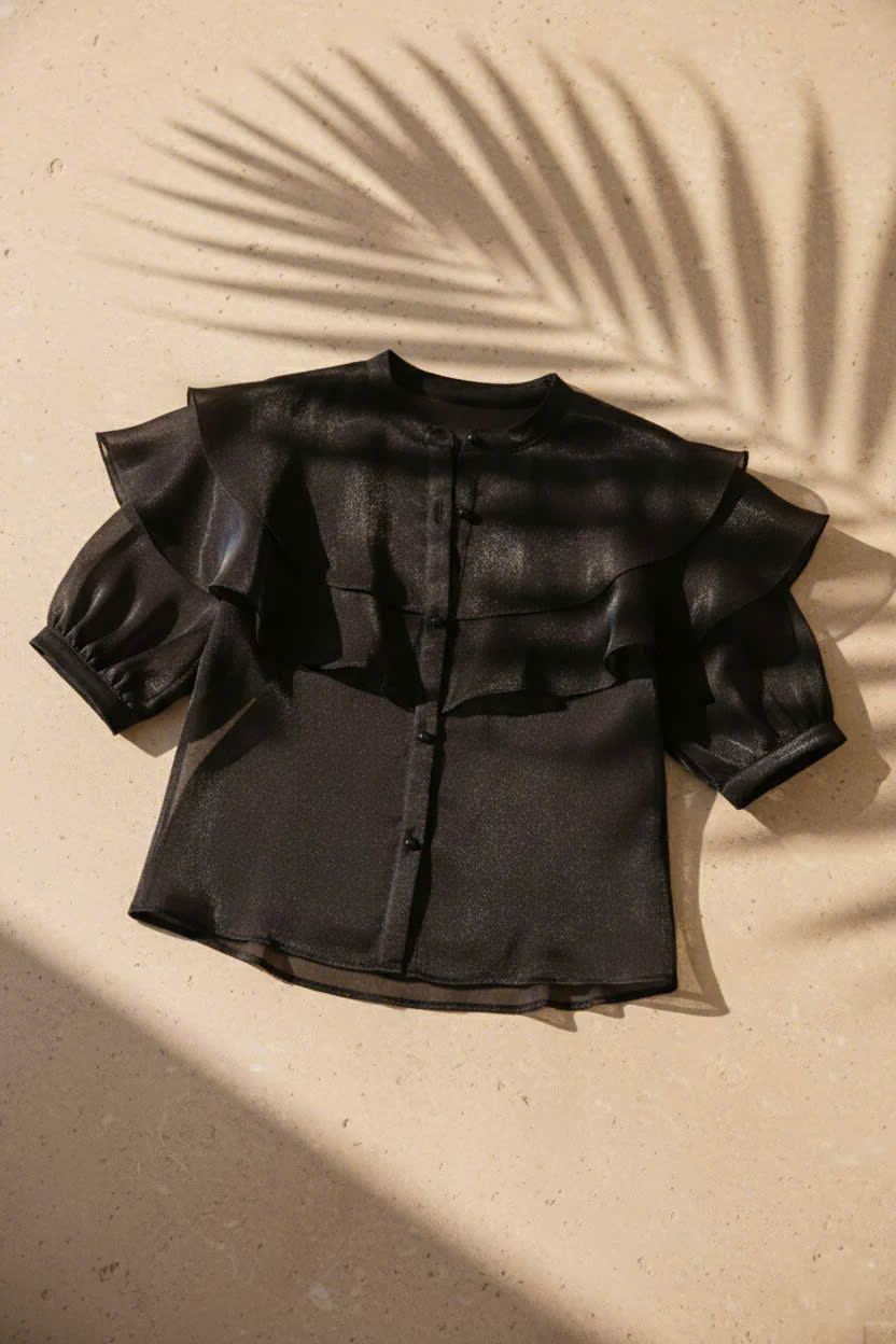 Áo Cổ Trụ Tay Phồng Organza Đen thời trang thiết kế Hity Top181