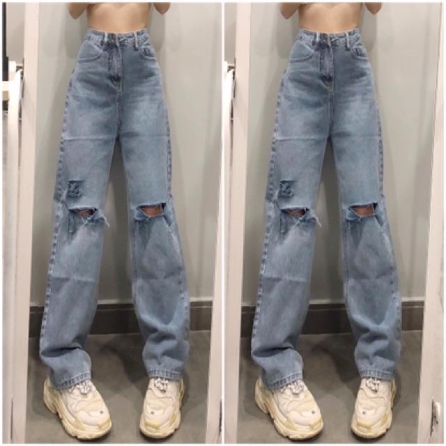 QUẦN JEANS DÁNG SIÊU DÀI RÁCH DÁNG XUÔNG- [hình thật