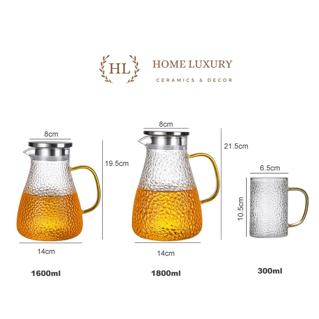 Bình thuỷ tinh chịu nhiệt sần quai vàng | Bộ bình cốc thủy tinh sần Borosilicate chịu nhiệt, chịu lực cao cấp 1.6L 1.8L