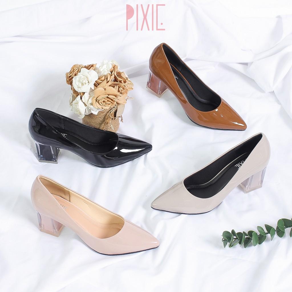 Giày Cao Gót 5cm Da Bóng Mũi Nhọn Đế Vuông Phối Mica Pixie P006