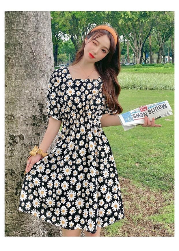 ĐẦM XOÈ HOA CÚC NHÚN EO