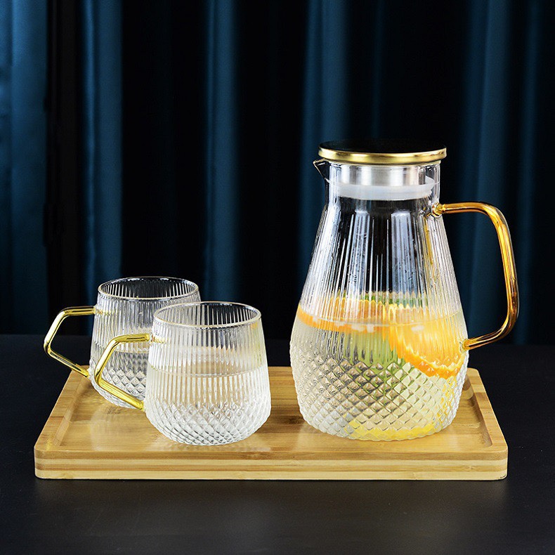 Bình thủy tinh chịu nhiệt nắp Inox quai viền vàng dung tích 1500ML và Ly 270ML( Phân loại Bình và ly riêng)