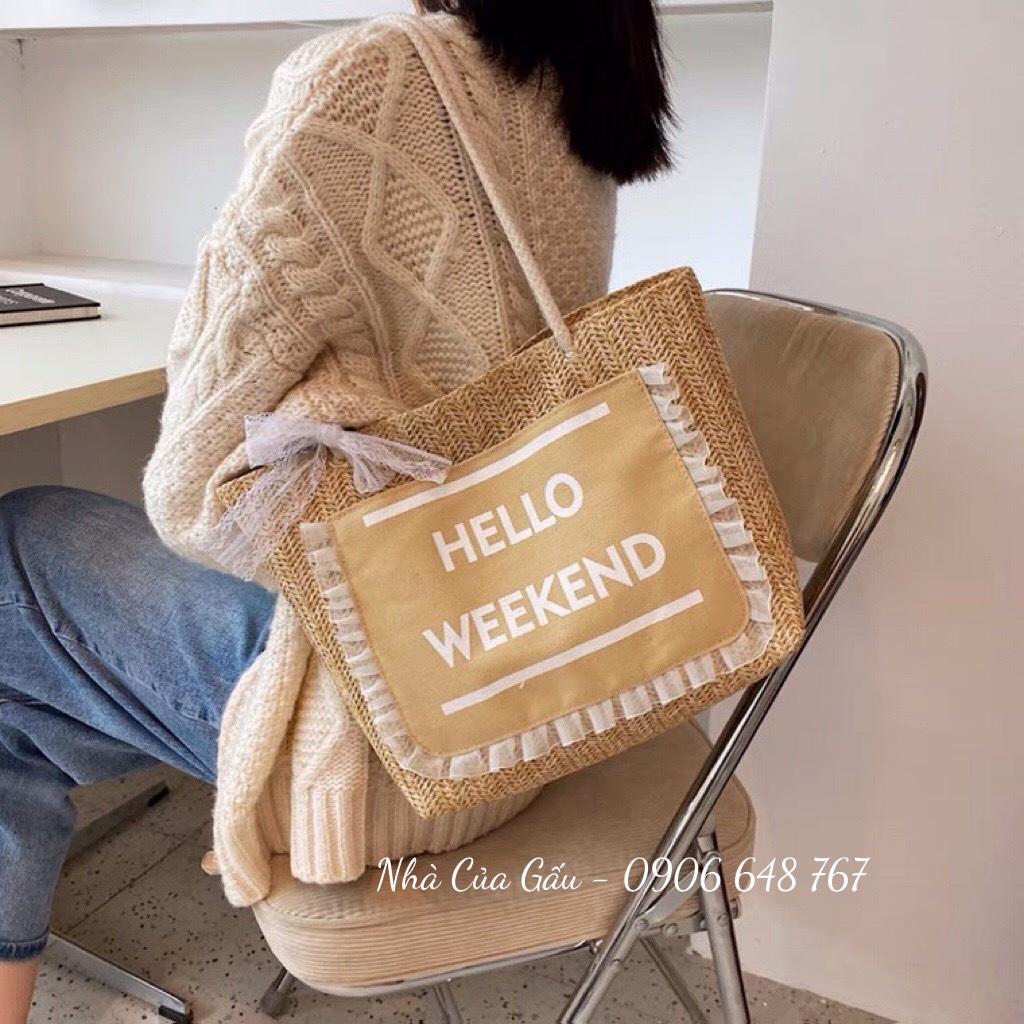 Túi cói Hello Weekend viền ren đeo vai dễ thương