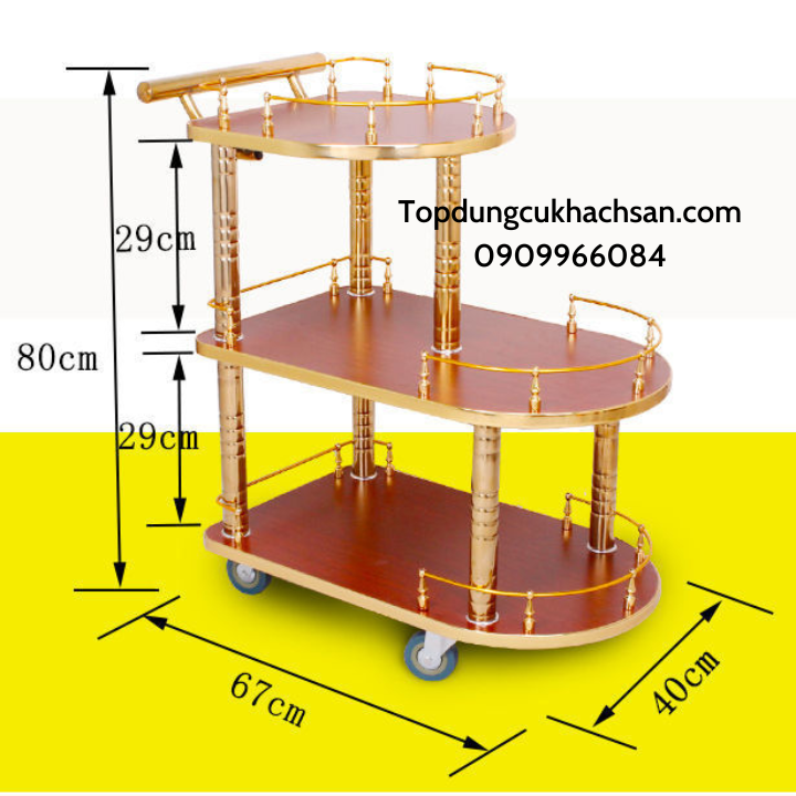 Xe Đẩy Phục Vụ Rượu Trà, Thức Ăn 3 Tầng Inox Vàng Và Gỗ.