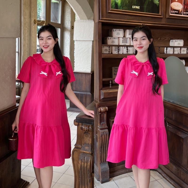 Đầm Bầu Phom Đuôi Cá Phối Cổ Thắt Nơ Chất Xốp Hàn, Nhẹ Mát, Dễ Chịu - Hồng