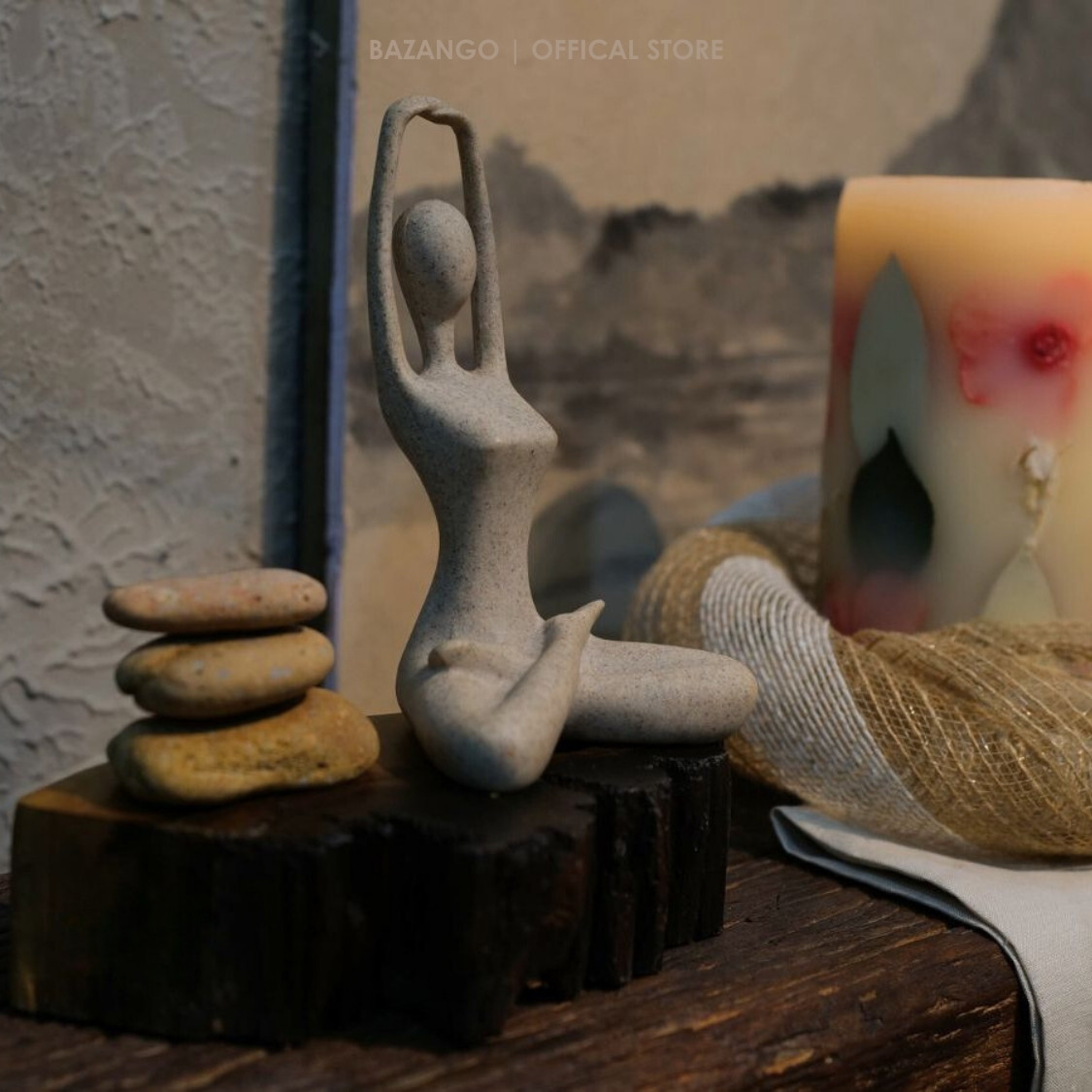 Bô Tượng Yoga kèm đế gỗ và bộ đá &quot;Zen&quot; tự nhiên - Bazango - Trang Trí Nhà