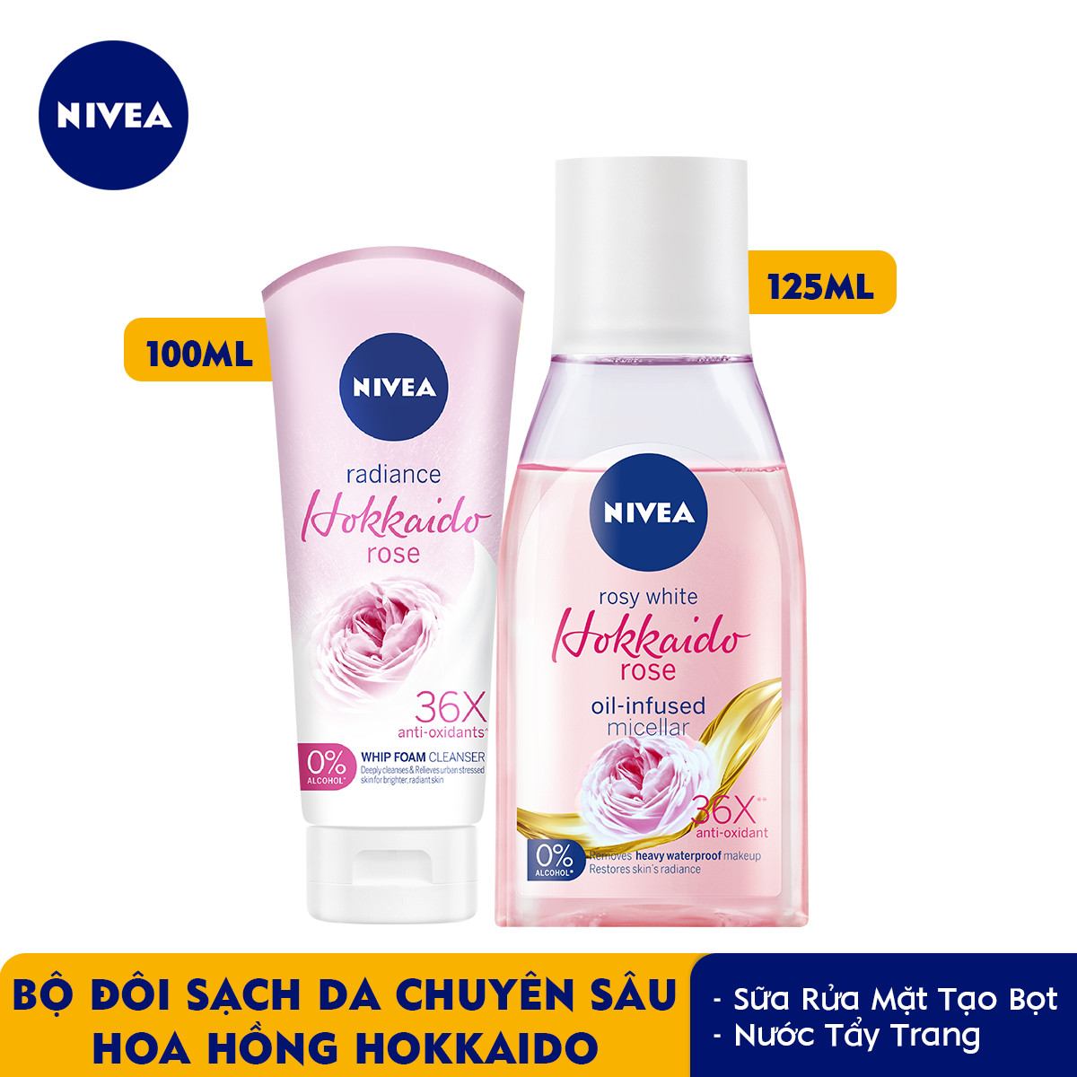 Bộ đôi Sữa Rửa Mặt Tạo Bọt NIVEA Chiết Xuất Hoa Hồng Hokkaido (100ml) - 84984 &amp; Nước Tẩy Trang NIVEA Chiết Xuất Hoa Hồng Hokkaido (125ml) - 84998