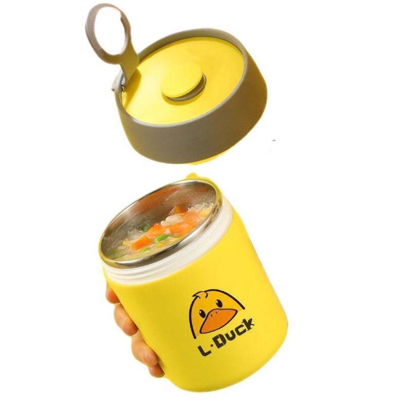 Bình ủ cháo inox có quai xách hình vịt vàng 550ml