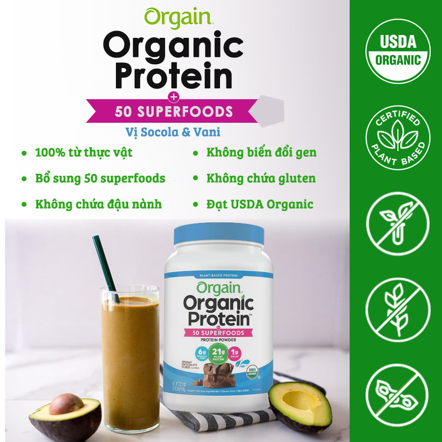 Bột đạm thực vật và protein hữu cơ Orgain Mỹ vị vani 1224g - Organic Protein