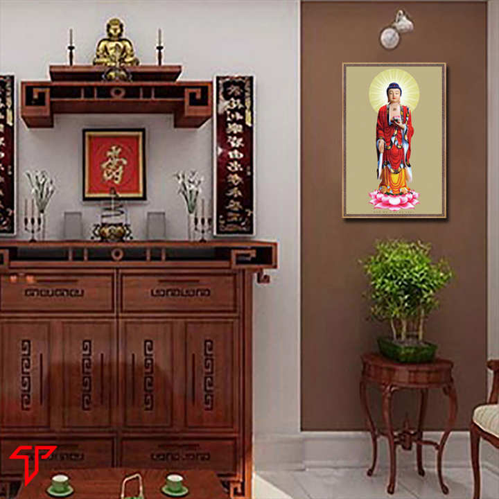 Hình phật pháp treo trang trí tường thích ca mâu ni, phật adida cán gỗ cao cấp, Tranh Phật Giáo Adida Phật 2239