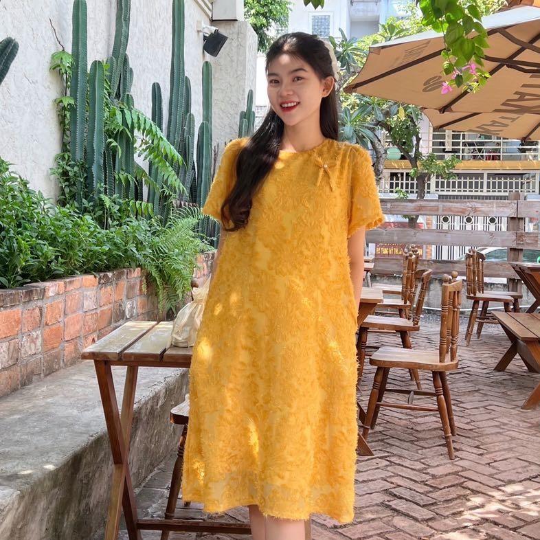 Đầm bầu tơ thêu nổi phom suông cách điệu đính nơ xinh xắn đi chơi, dự tiệc Nữ Women - Hồng