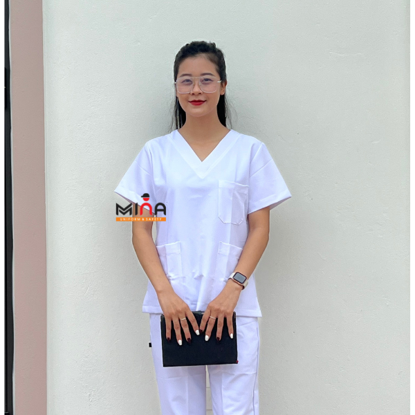 Bộ scrubs bác sĩ, quần áo y tế phẫu thuật - Màu trắng - Vải cotton co giãn
