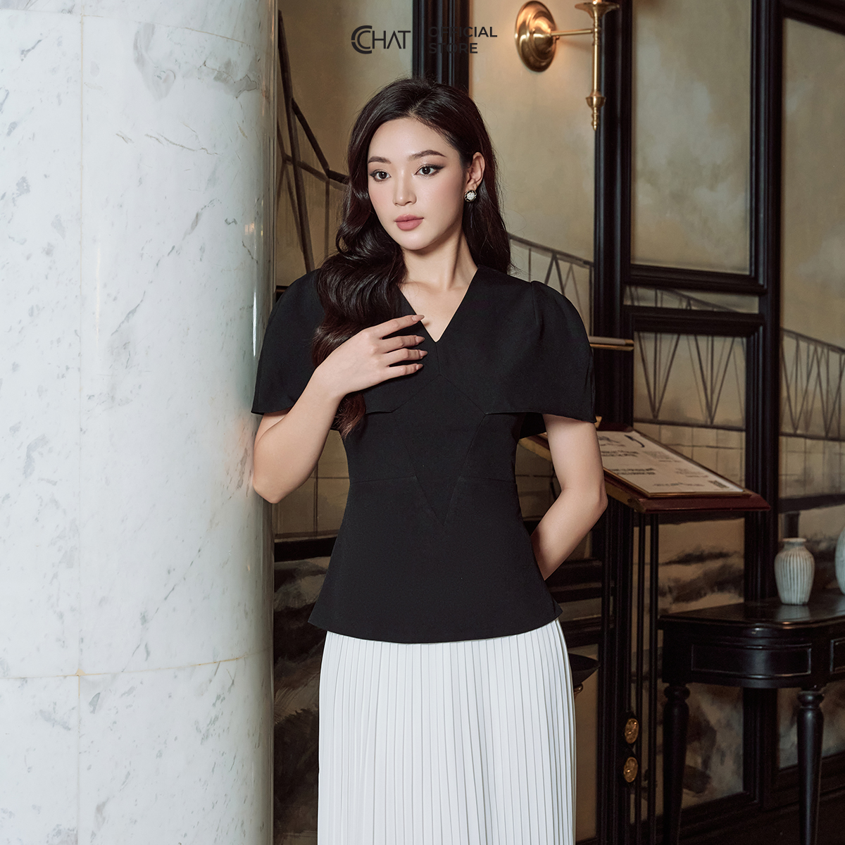 Áo Kiểu Nữ Dáng Peplum Cổ V Cắt Thân Trước Chất Tuytsi Cao Cấp Mềm Mịn 53ANS2014PT