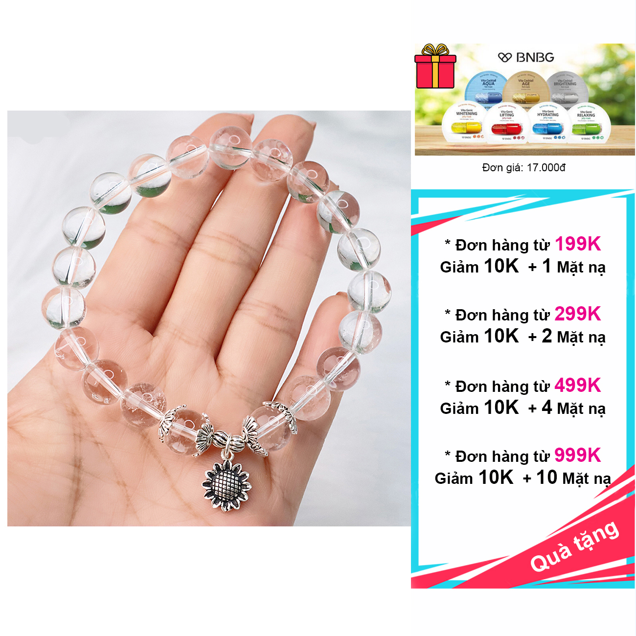 Vòng tay thạch anh trắng mix charm bạc 925 cao cấp