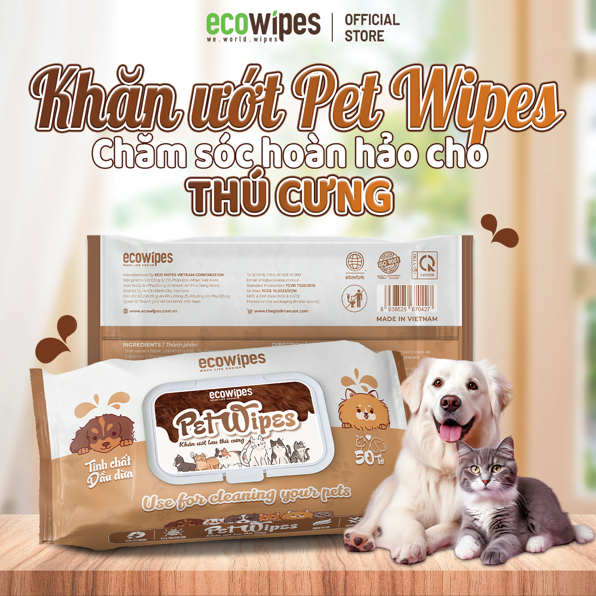 Khăn ướt vệ sinh thú cưng Pet Wipes gói 50 tờ mùi hương tự nhiên vừa làm sạch khử mùi cho chó mèo