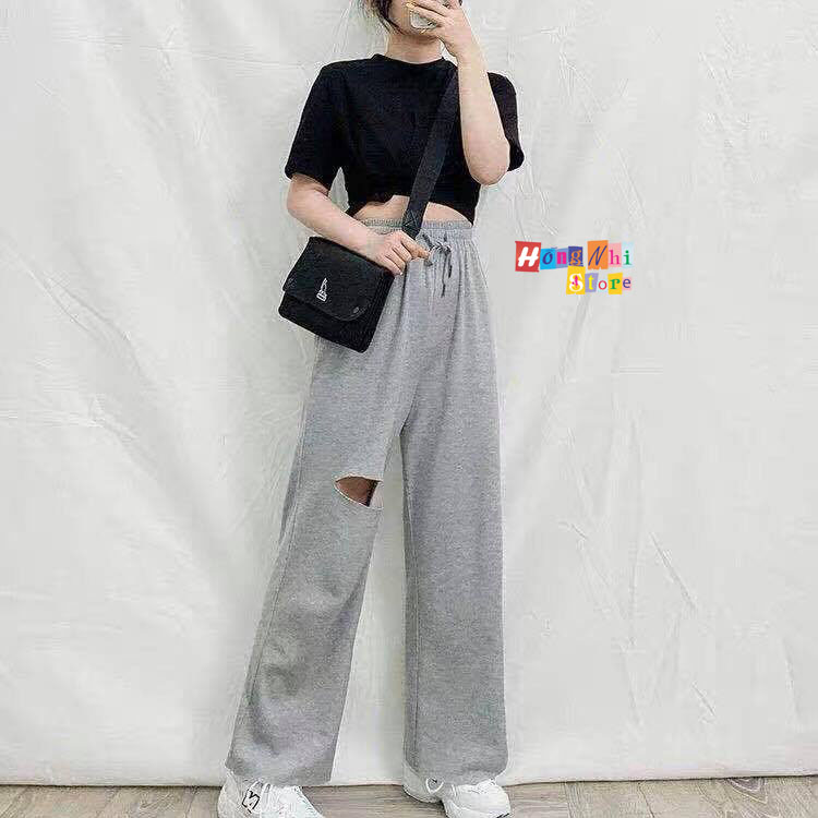 Quần Ống Rộng Rách Gối Màu Xám- Quần Ống Rộng Lưng Thun Rách Gối Unisex - MM