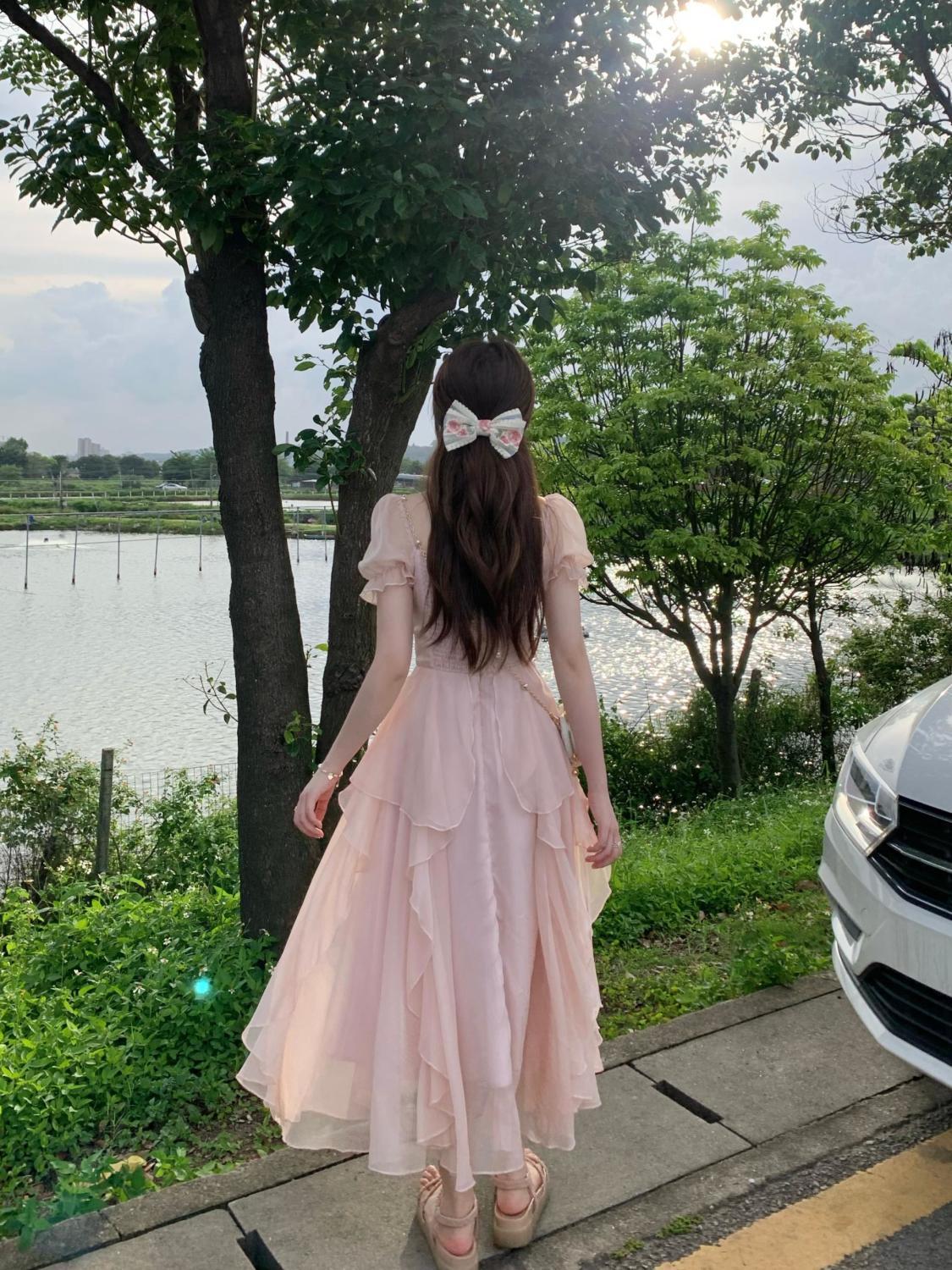 SHUANGYAN Phong cách Pháp cổ vuông nhẹ nhàng Fairy Wind Dress cho phụ nữ mùa hè 2023 Thắt lưng cho phụ nữ