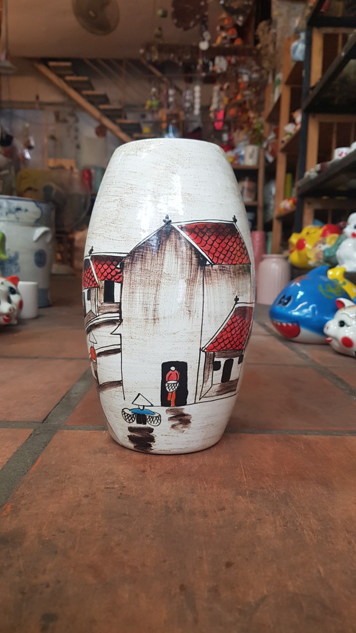 Bình hoa, bình cắm hoa với hoa văn phố cổ sinh động, cao 25cm, trang trí nhà cửa, quà tặng tân gia, sinh nhật, gốm Bát Tràng. Giao từ HCM