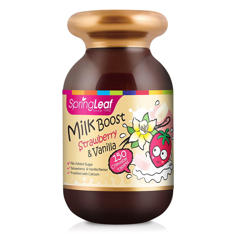 Viên nhai kẹo sữa canxi vị dâu &amp; vani giúp xương chắc khỏe cho bé SpringLeaf Milk Boost 150 viên (Date 10.2024)