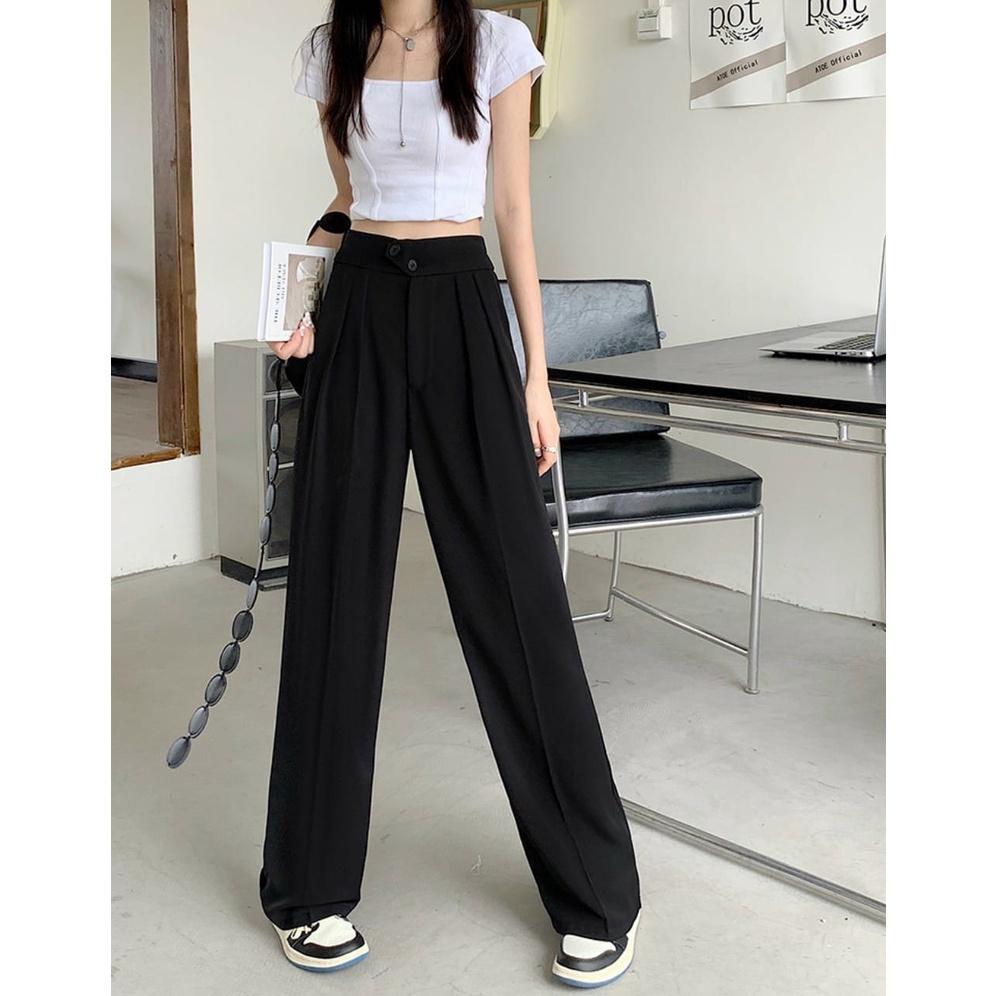 Quần culottes ống rộng suông dài, Quần tây lưng cao 2 cúc xéo chất dày cao cấp