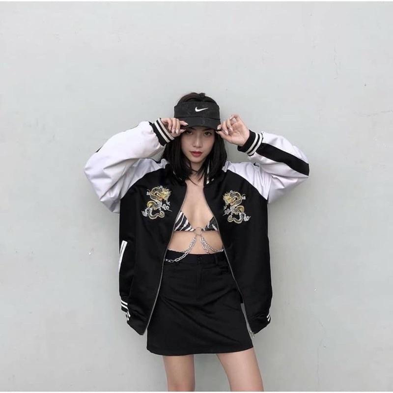 Áo khoác bomber thêu rồng thể thao nam nữ unisex, áo khoác gió dù 2 lớp
