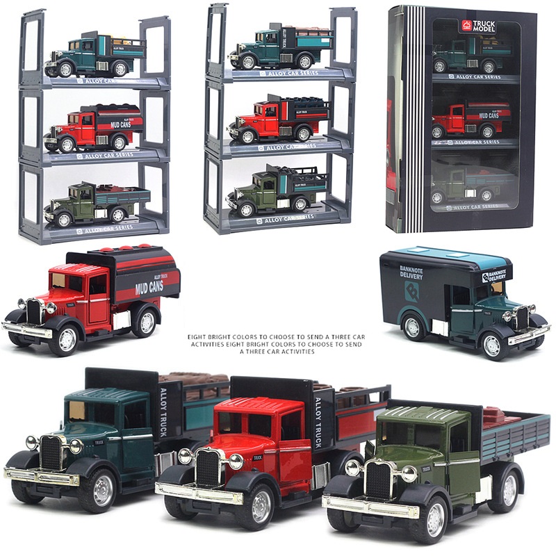 Bộ xe tải mô hình die-cast vỏ kim loại tỉ có đèn âm thanh mô phỏng chạy trớn lệ 1:32 độc đáo mới lạ, hộp combo 3 xe