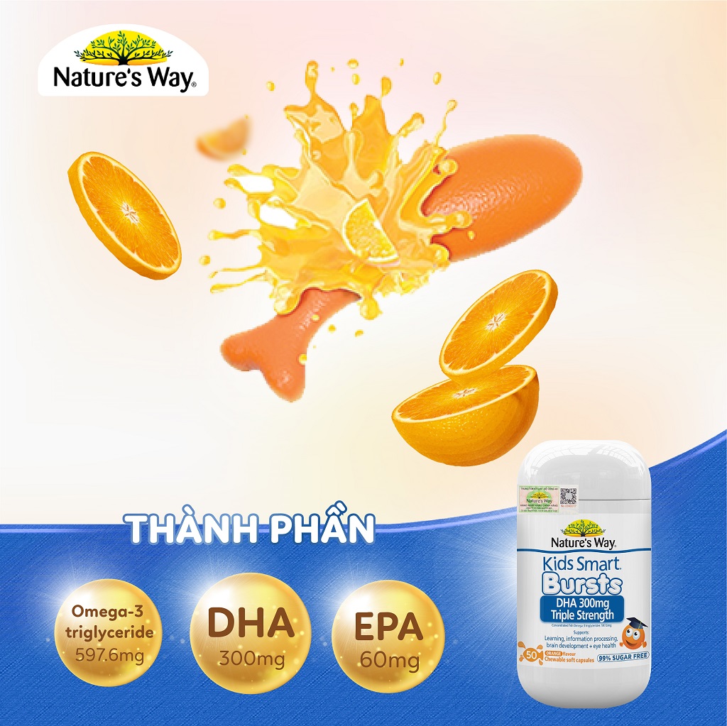 Viên Nhai Nature's Way Kids Smart DHA 300mg Triple Strength Tăng Cường Sự Phát Triển Của Trẻ 50 Viên