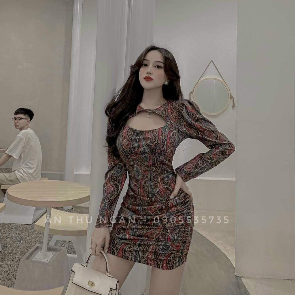 Đầm body tay dài hoạ tiết hở ngực xịn xò