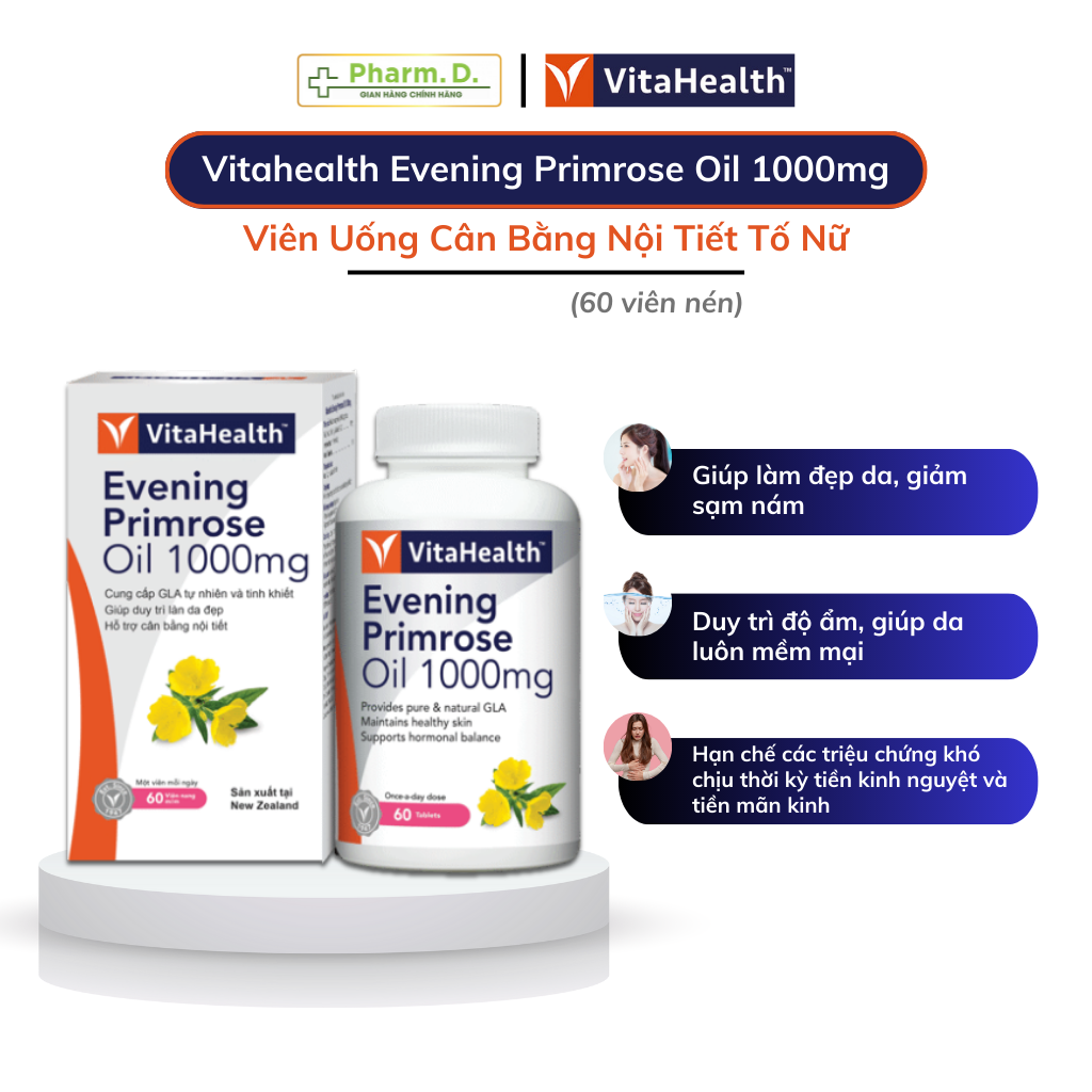 Viên Uống Chiết Xuất Tinh Dầu Hoa Anh Thảo Cải Thiện Nội Tiết Tố Nữ VITAHEALTH Evening Primrose Oil 1000mg (60 Viên)