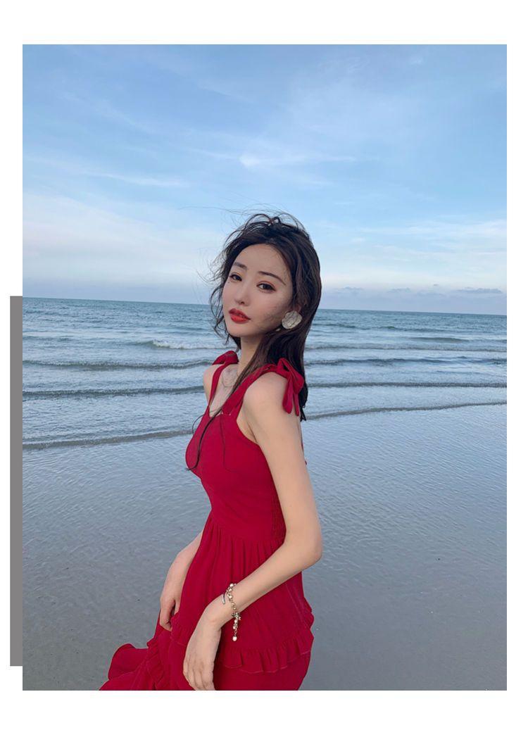 DONGSHOP Red Sling Dress Design Sense Little French Vintage Beach Dress Đối với phụ nữ đi biển kỳ nghỉ mùa hè 2023